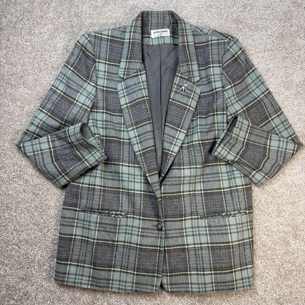 Vintage Alfred Dunner Blazer Jacket Womens 16 Green Plaid Wool Lined USA Career